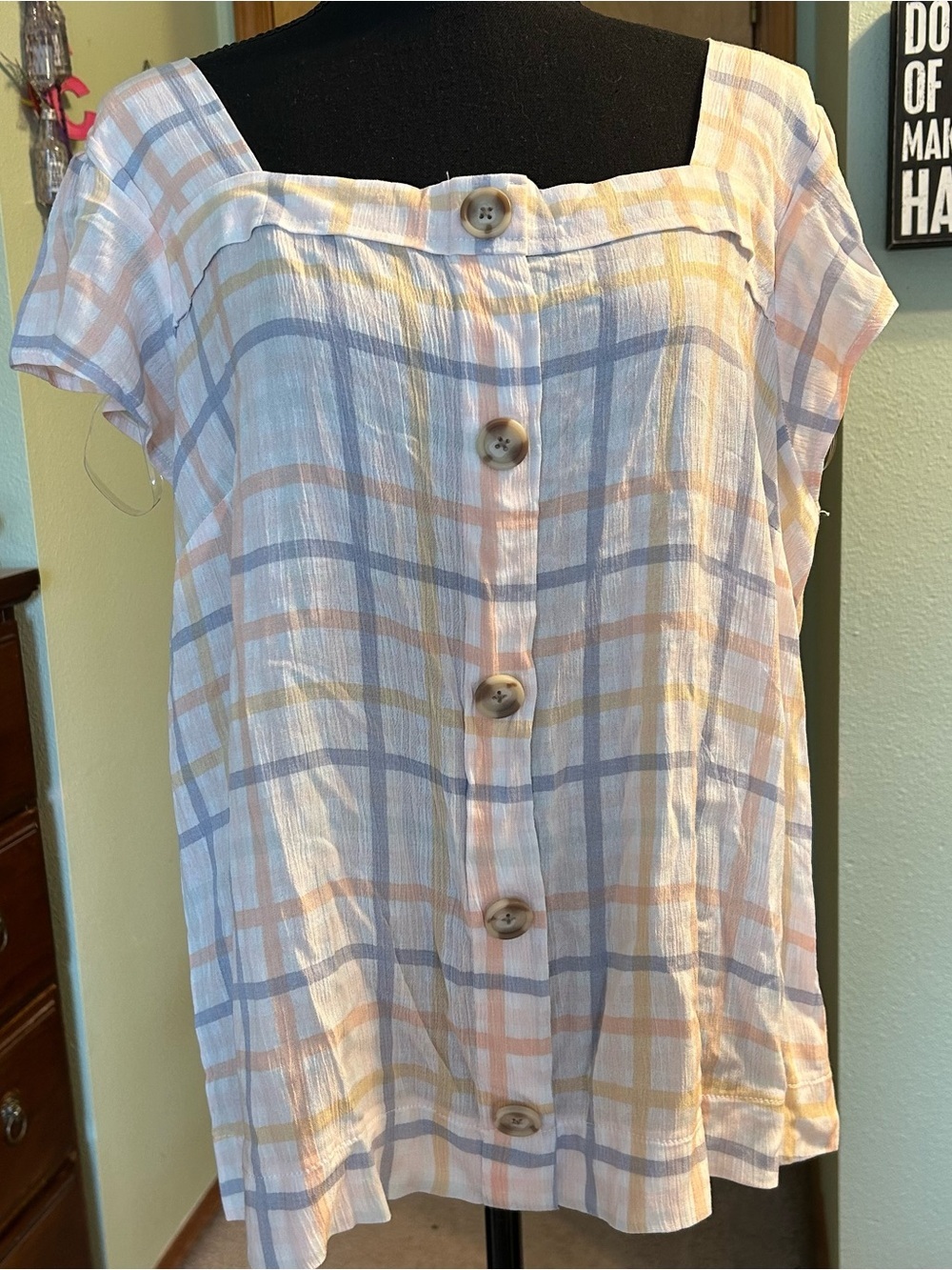Angels Forever Young pastel gingham plaid short sleeve square neck faux button L